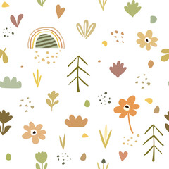 Modern seamless pattern from a set of children's botanical primitive drawings, various elements in pastel colors. Cute design in flat style isolated on white background