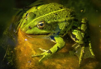 Closeup of an edible frog, Pelophylax kl. esculentus at a lakeside with half of its body underwater