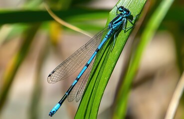 Selective focus macro view of an Azure Damselflies on a blade of grass