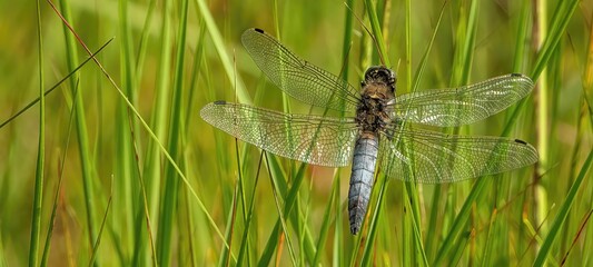 Closeup of a four spotted chaser on a grass