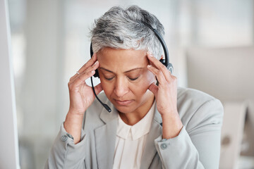Callcenter consultant, woman with headache, stress and fatigue with CRM and contact us. Senior...