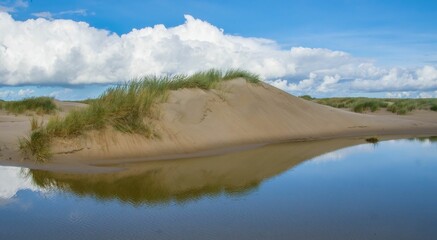 Beautiful landscape of a river bank with sand dunes and grass