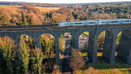 Fototapeta na wymiar Aerial view of Digswell Viaduct bridge on a sunny autumn day in Welwyn