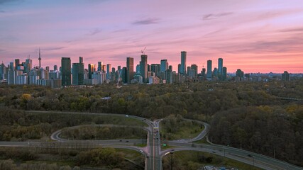 Toronto city with Pink Sunset from Don Valley