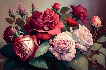 Romantic  bouquet of red and pink roses. Crated using generative AI.