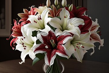 Bouquet of red and white lilies. Crated using generative AI.