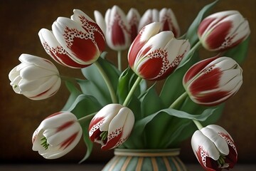 Elegant bouquet of red and white tulips. Crated using generative AI.