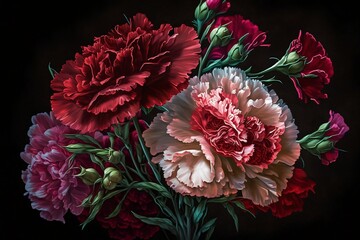 A bouquet of red and pink carnations. Crated using generative AI.