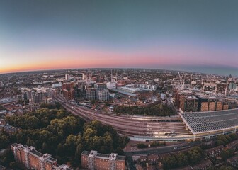 Fototapeta na wymiar Aerial view of the Kings Cross under a cinematic sunset sky
