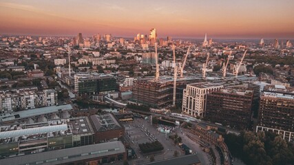 Obraz premium Aerial view of the Kings Cross under a cinematic sunset sky