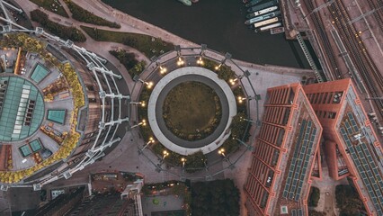 Aerial top view of the Gasholder Park in London, UK