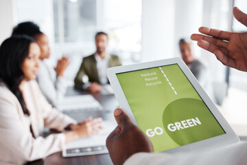 Go green, business meeting and people on tablet screen for sustainable project, eco friendly investment and growth. Paperless or vegan presentation, sustainability and man speaker speaking to clients