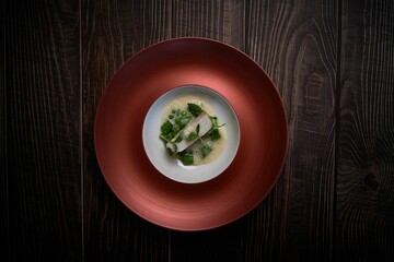 Top view of a delicious fish garnished with peas and aloe in a puree on a plate on a wooden table