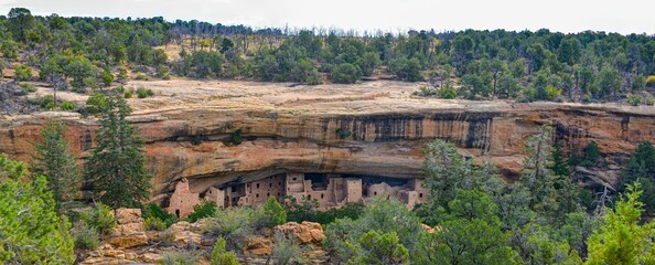 Panoramic view of Spruce Tree House Archaeological site in Mesa Verde National Park, Colorado