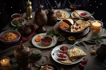 Obraz na płótnie Canvas Arabic traditional festive food on a dark background. Arab religious holidays, Ramadan. Islam. Arab culture, religion, hospitality. generative ai