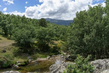 Fototapeta na wymiar Creek flowing between the trees under a blue cloudy sky in Rascafria, Spain