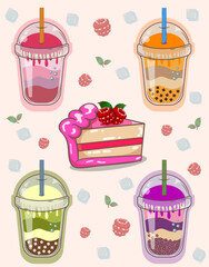 Bubble Tea, Raspberry Cake cute graphic drawings