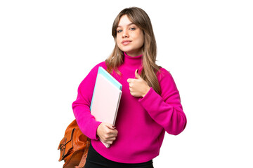 Young student girl over isolated chroma key background giving a thumbs up gesture
