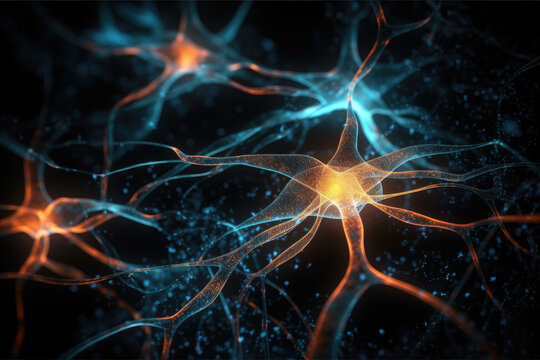 Conceptual illustration of neuron cells with glowing link knots. Blue orange Neurons in brain on with focus effect. Synapse and Neuron cells sending electrical chemical signals, generative AI