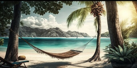 paradise beach with palm trees and hammock to relax, generative ai