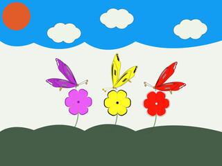 flowers and butterflies with blue sky and sun