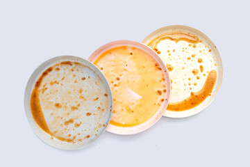 Dirty dishes on white background. Top view