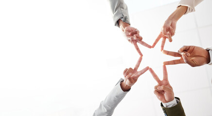 Star hands, together and people teamwork, collaboration and group synergy or support from below...
