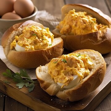 Egg breakfast, scrumbled eggs and sandwitches, Generative AI