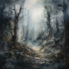 Mysterious Forest, Tense and Suspenseful Watercolor Painting, Foggy Woodland Scene, generative AI