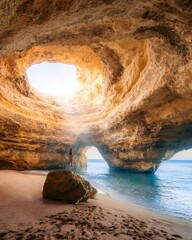 Fototapeta premium Vertical shot of a person standing on the rock, Benagil cave in Algarve, Portugal