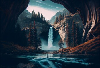 a waterfall in a river with a waterfall coming out of it's side and a mountain in the background with a waterfall in the middle of the water and a forest with a waterfall. , AI Generative AI
