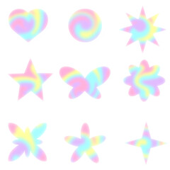 Set rainbow swirl blur y2k aura shapes. Abstract blurred gradient shape, psychedelic aesthetic elements, colorful soft holographic gradient. Geometric form with blurring PNG