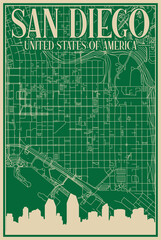Colorful hand-drawn framed poster of the downtown SAN DIEGO, UNITED STATES OF AMERICA with highlighted vintage city skyline and lettering
