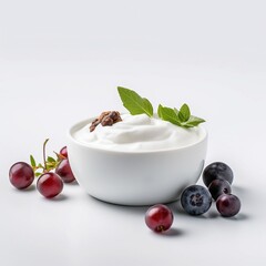 yogurt with berries and mint, yoghurt bowl, bowl of yoghurt white background,