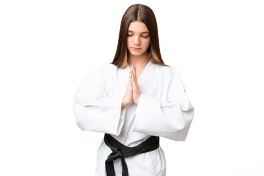 Teenager girl over isolated chroma key background doing karate and saluting