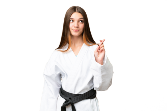 Teenager girl doing karate over isolated chroma key background with fingers crossing and wishing the best