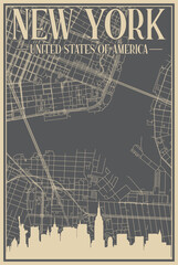 Colorful hand-drawn framed poster of the downtown NEW YORK CITY, UNITED STATES OF AMERICA with highlighted vintage city skyline and lettering