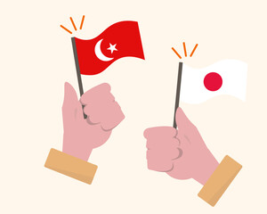日本とトルコ 国旗を振る。トルコ支援、トルコ援助、国際交流。ベクターイラスト