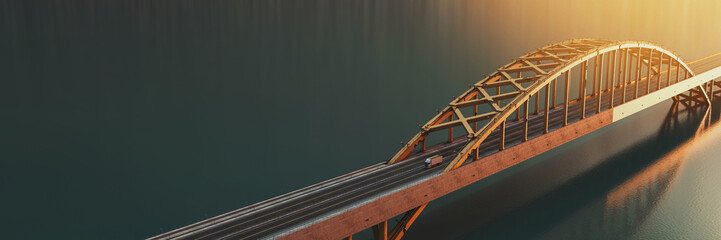 A suspension bridge crosses the ocean from a bird's eye view,
