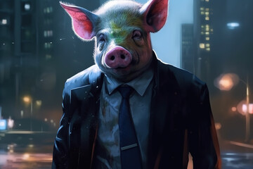 Pig wearing a suit, business man pig, animals as human, farm animal dressed up, farm animal dressed as human, farm animal  business man, evil pig, 