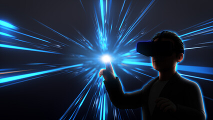 Young man wearing virtual reality goggles or 3d glasses and touching light over of light rays toned in blue background.