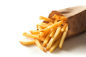 French fries in a paper bag isolated on white background. Close up.