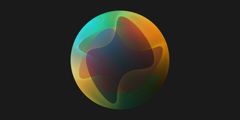 Colorful Brown, Green and Blue Wavy Stripes, Lines Forming a Transparent Multi Colored 3D Round Globe Shape, Transparent Empty Sphere - Design Template, Vector Illustration for Tech in Dark Background