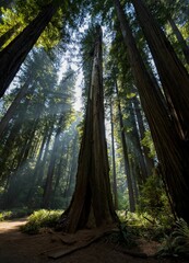Forest with tall trees against a blue sky on a sunny day