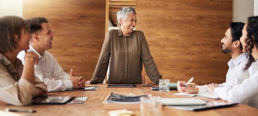 Senior woman, laughing or business people in meeting speaking, planning or sharing funny joke...