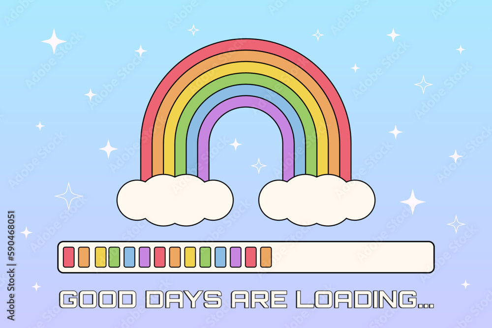 Poster y2k vector banner with rainbow and loading indicator on the gradient background with stars.