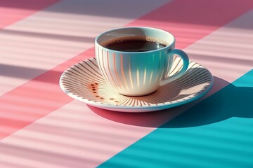 Trendy Summer pattern made with cup of coffee on bright light pink white blue background, Minimal summer concept. Coffee wallper. ai generated.