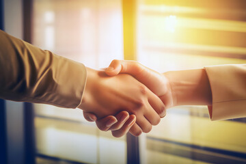 Conceptual image of business, handshake in the offie created with Generative AI technology.