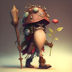 Anthropomorphic Mushroom Man wearing leather armor and carrying a wooden staff leshy race adventurer druid detailed 