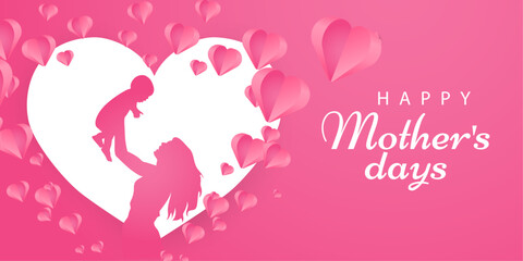 Happy Mothers day banner background with girl, son and flying pink Heart Shaped Balloons and with copy space Day greeting card design.